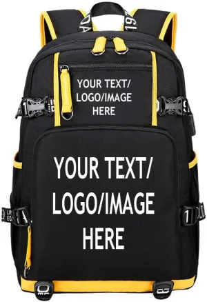 Large Capacity Custom Laptop Backpack With USB Charging Port, Personalized College Bag, Durable Outdoor Bags Mochila (Black and Yellow)