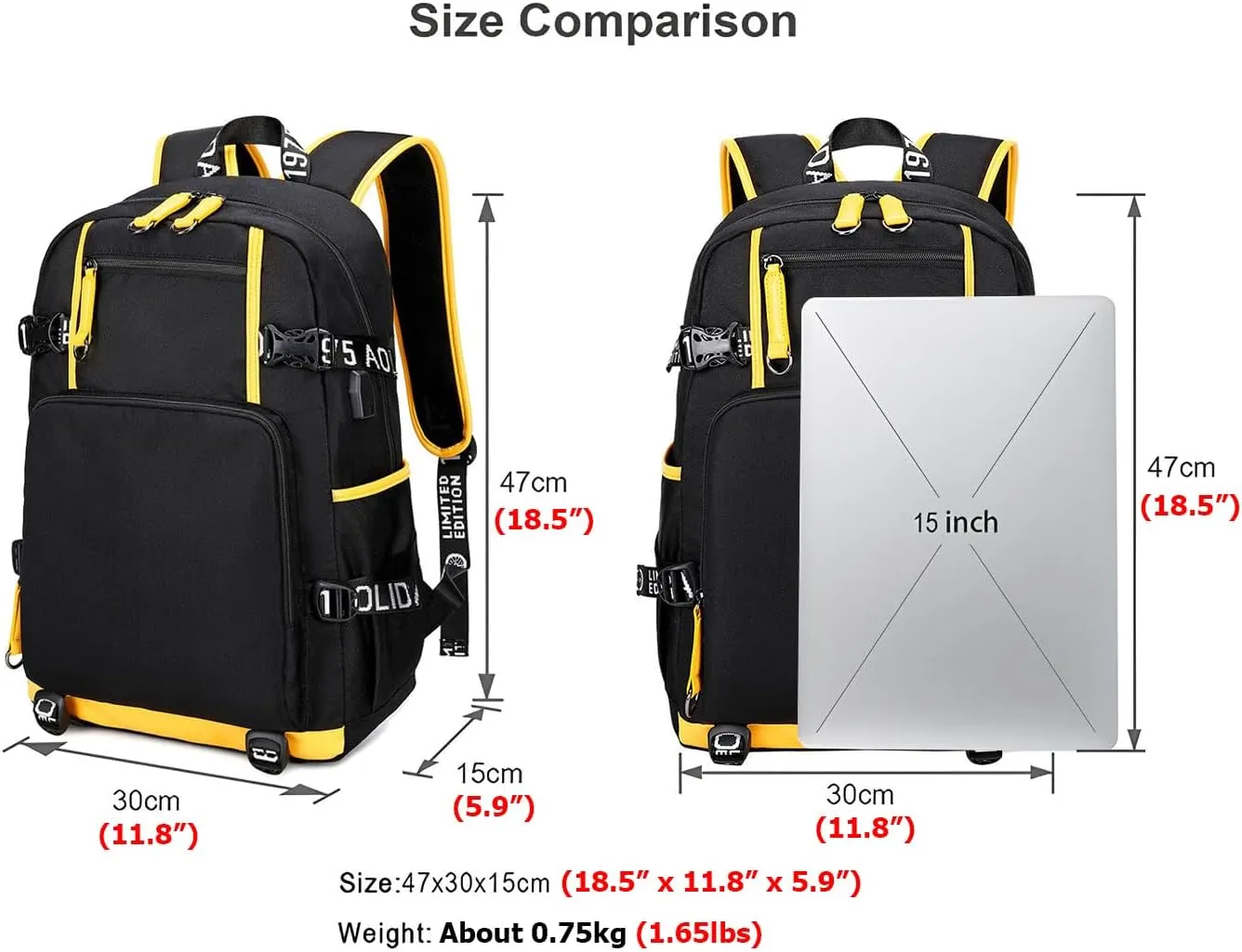 Large Capacity Custom Laptop Backpack With USB Charging Port, Personalized College Bag, Durable Outdoor Bags Mochila (Black and Yellow)