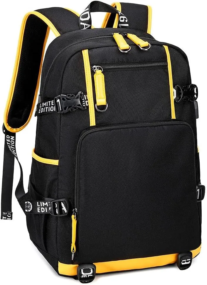 Large Capacity Custom Laptop Backpack With USB Charging Port, Personalized College Bag, Durable Outdoor Bags Mochila (Black and Yellow)