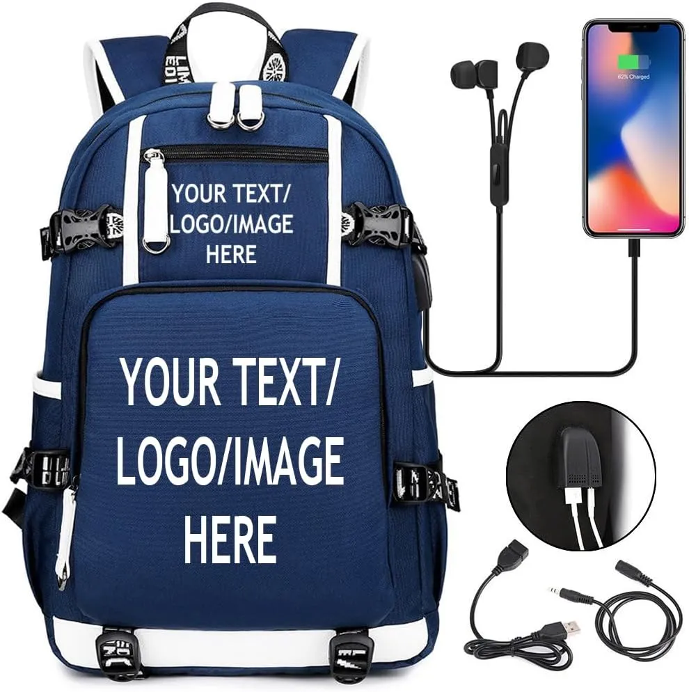 Large Capacity Custom Laptop Backpack With USB Charging Port, Personalized College Bag, Durable Outdoor Bags Mochila (Blue)