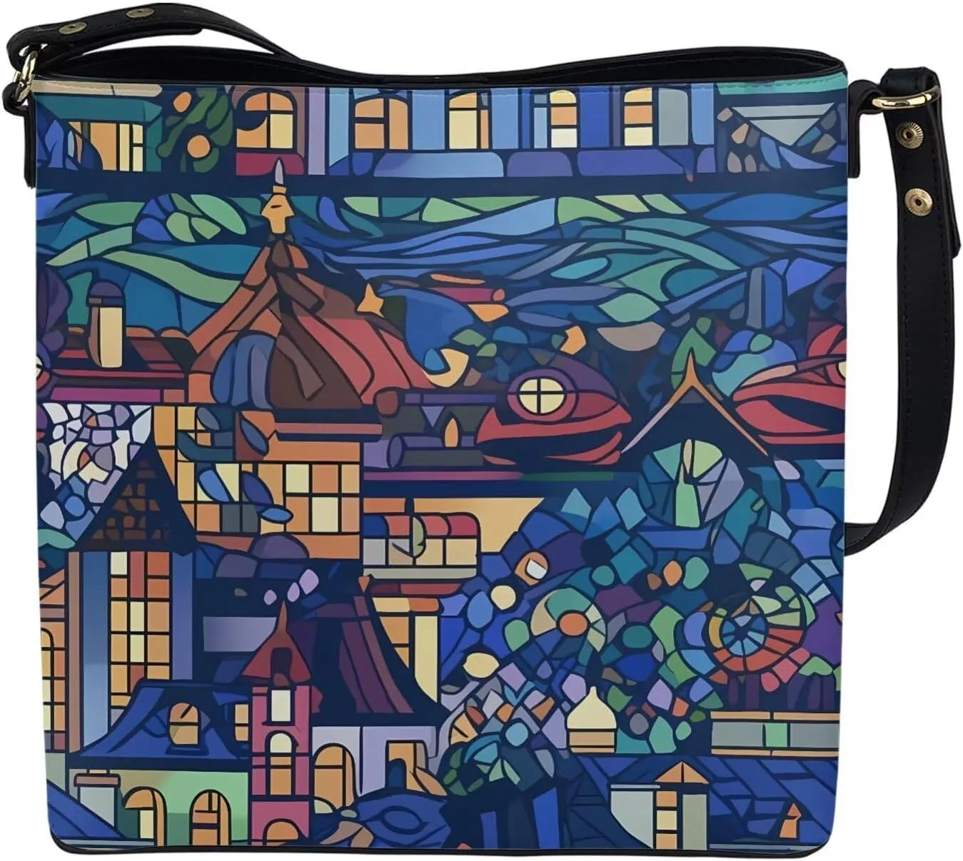 Leather Bucket Bags for Women Boho Mosaic Folk Art Hobo Bags Shoulder Tote Purse Handbags with Adjustable Strap
