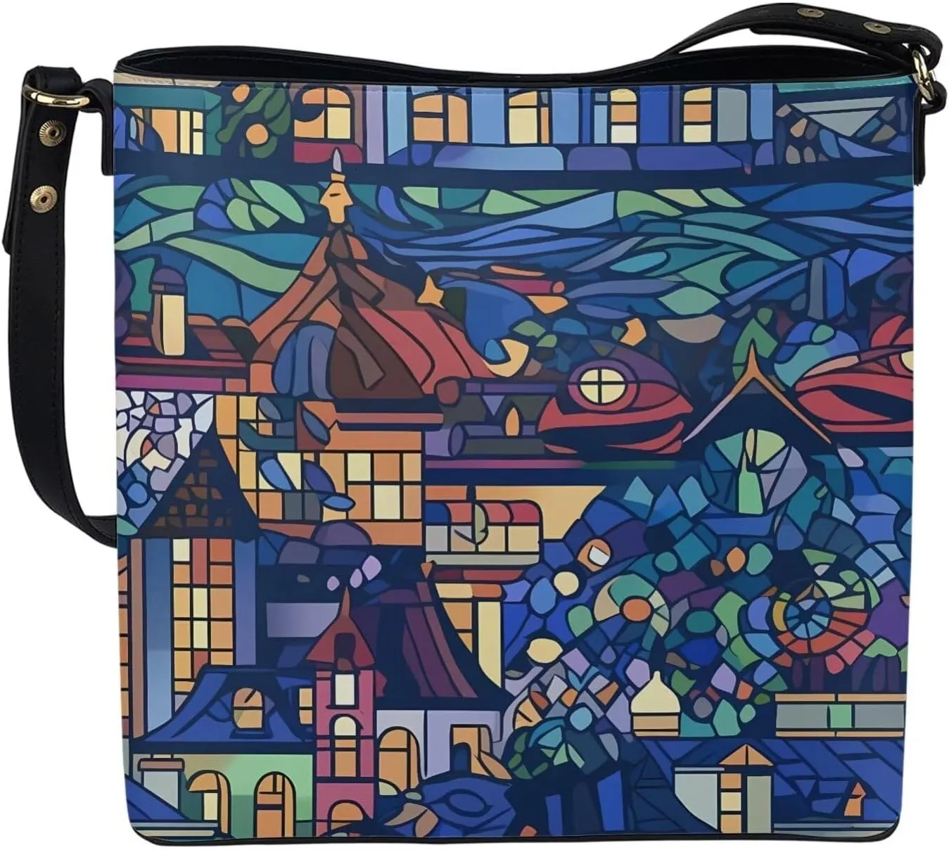 Leather Bucket Bags for Women Boho Mosaic Folk Art Hobo Bags Shoulder Tote Purse Handbags with Adjustable Strap