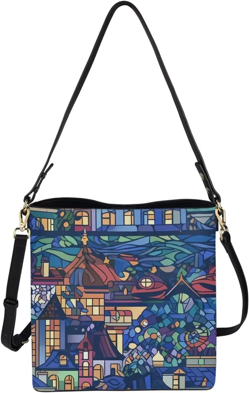 Leather Bucket Bags for Women Boho Mosaic Folk Art Hobo Bags Shoulder Tote Purse Handbags with Adjustable Strap