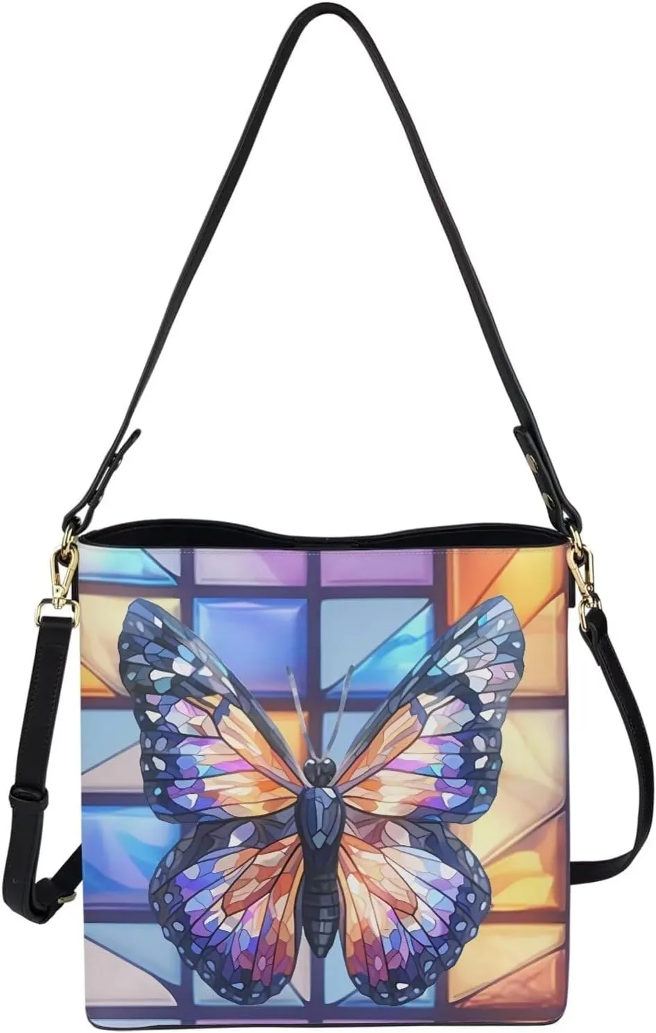 Leather Bucket Bags for Women Boho Mosaic Folk Art Hobo Bags Shoulder Tote Purse Handbags with Adjustable Strap