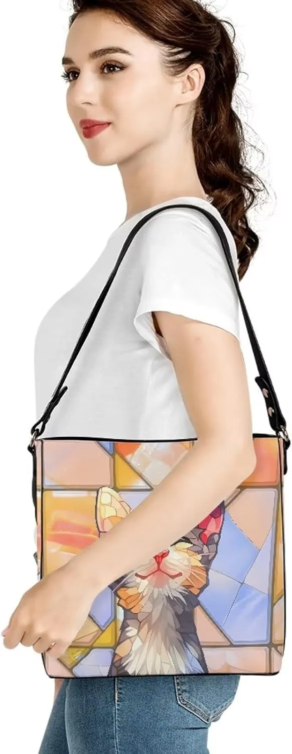 Leather Bucket Bags for Women Boho Mosaic Folk Art Hobo Bags Shoulder Tote Purse Handbags with Adjustable Strap