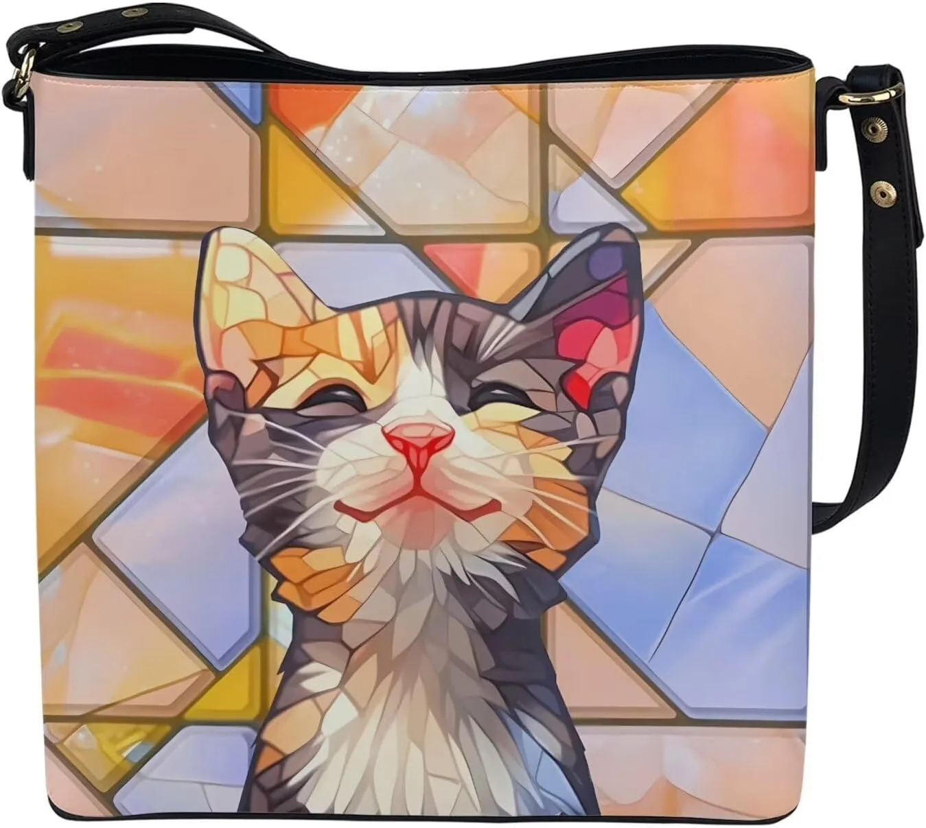 Leather Bucket Bags for Women Boho Mosaic Folk Art Hobo Bags Shoulder Tote Purse Handbags with Adjustable Strap