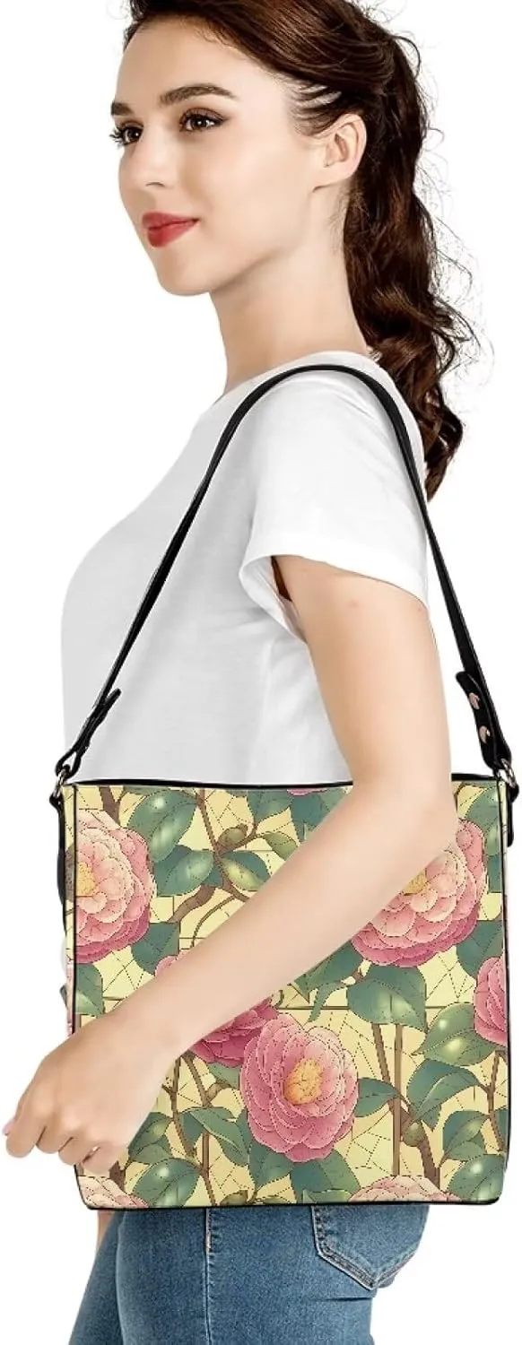 Leather Bucket Bags for Women Boho Mosaic Folk Art Hobo Bags Shoulder Tote Purse Handbags with Adjustable Strap