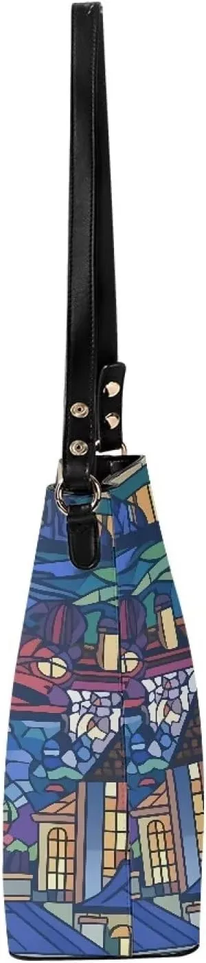 Leather Bucket Bags for Women Boho Mosaic Folk Art Hobo Bags Shoulder Tote Purse Handbags with Adjustable Strap