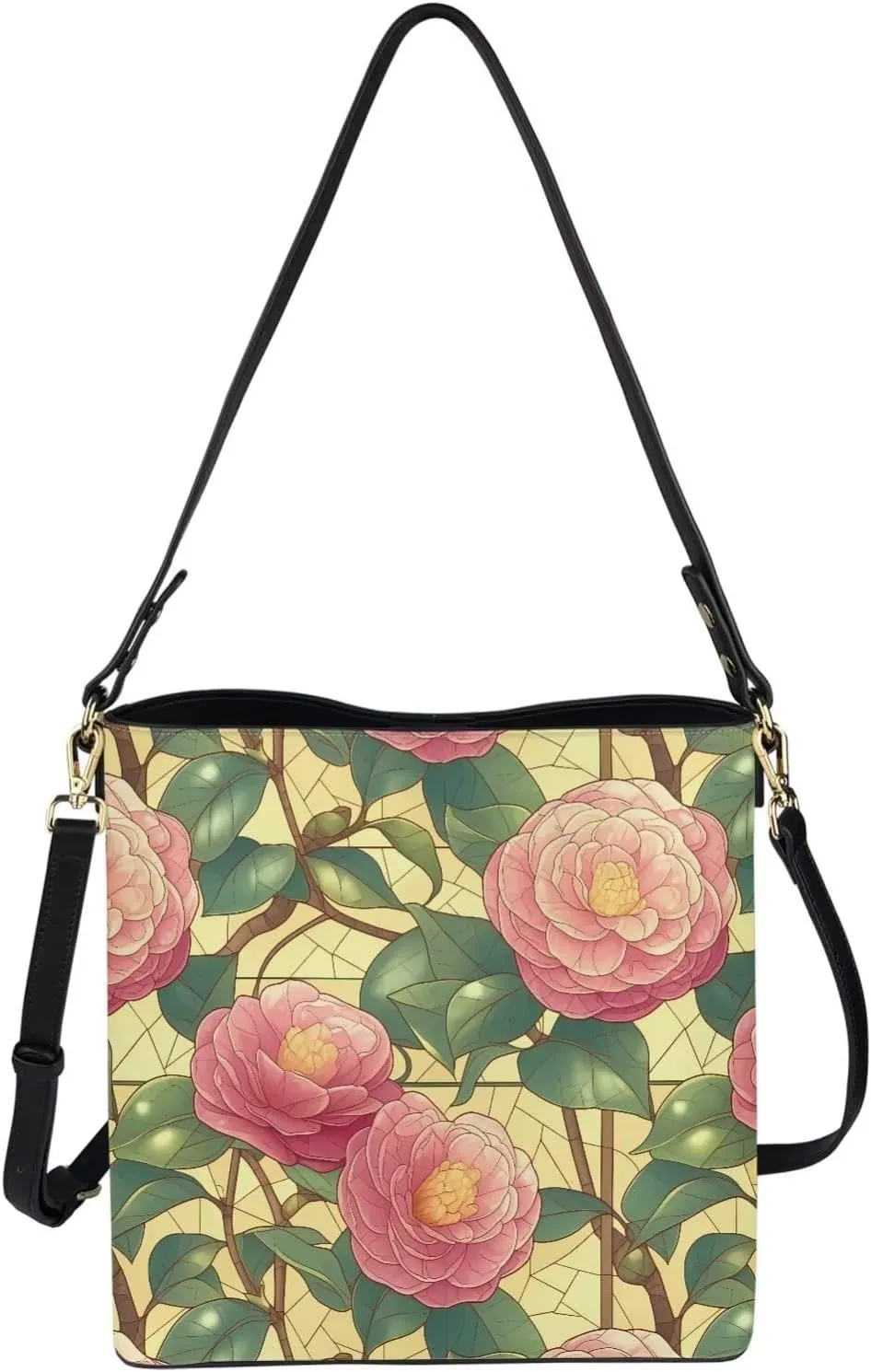 Leather Bucket Bags for Women Boho Mosaic Folk Art Hobo Bags Shoulder Tote Purse Handbags with Adjustable Strap