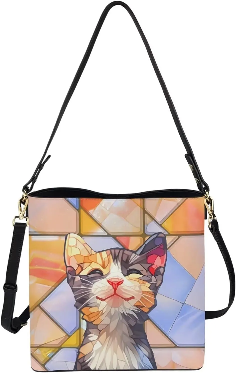 Leather Bucket Bags for Women Boho Mosaic Folk Art Hobo Bags Shoulder Tote Purse Handbags with Adjustable Strap