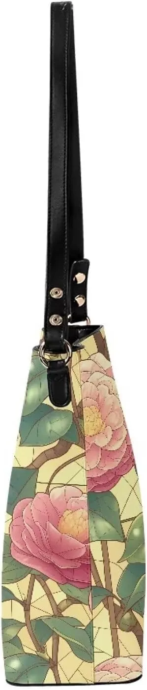 Leather Bucket Bags for Women Boho Mosaic Folk Art Hobo Bags Shoulder Tote Purse Handbags with Adjustable Strap