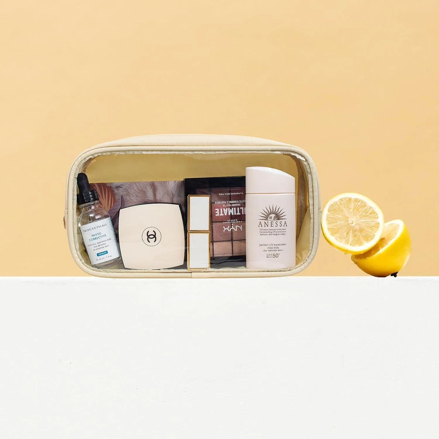 LETGO 2Pcs Clear Makeup Bag Organizers Storage,Cute Cosmetic Bag Preppy TSA Approved Travel Size Toiletry Bag Makeup Organization Car Accessories Essentials for Women Girls (Yellow Set)