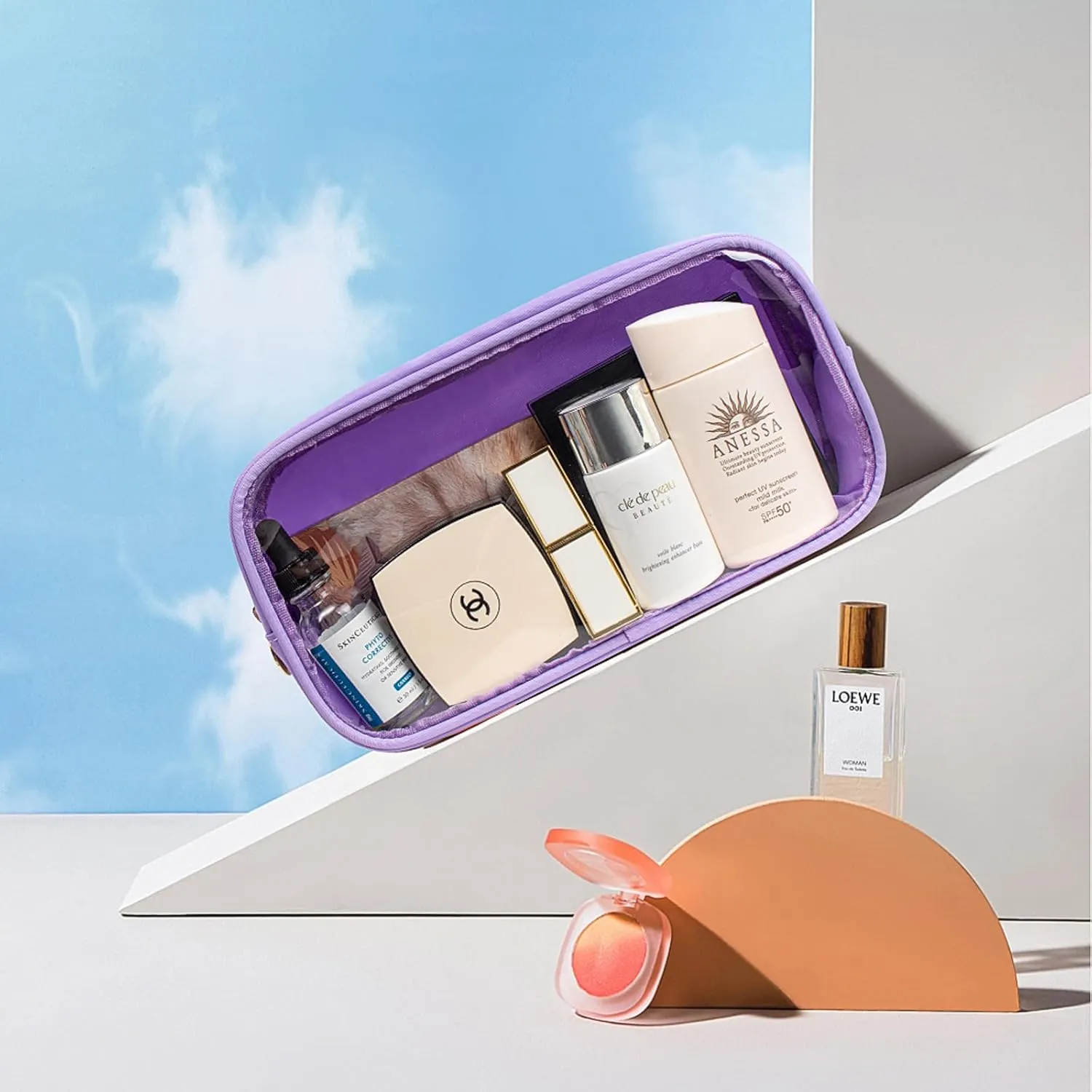 LETGO 2Pcs Clear Makeup Bag Organizers Storage,Cute Cosmetic Bag TSA Approved Travel Size Toiletry Bag Makeup Organization Car Accessories Essentials for Women (Pueple Set)