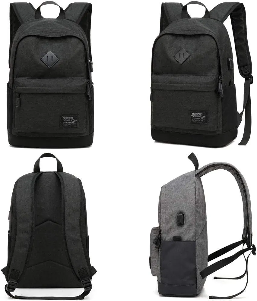 Lightweight Casual Laptop Backpack For Men Women Travel Backpacks with USB Charging Port Fashion Daypack Bookbag (Black)