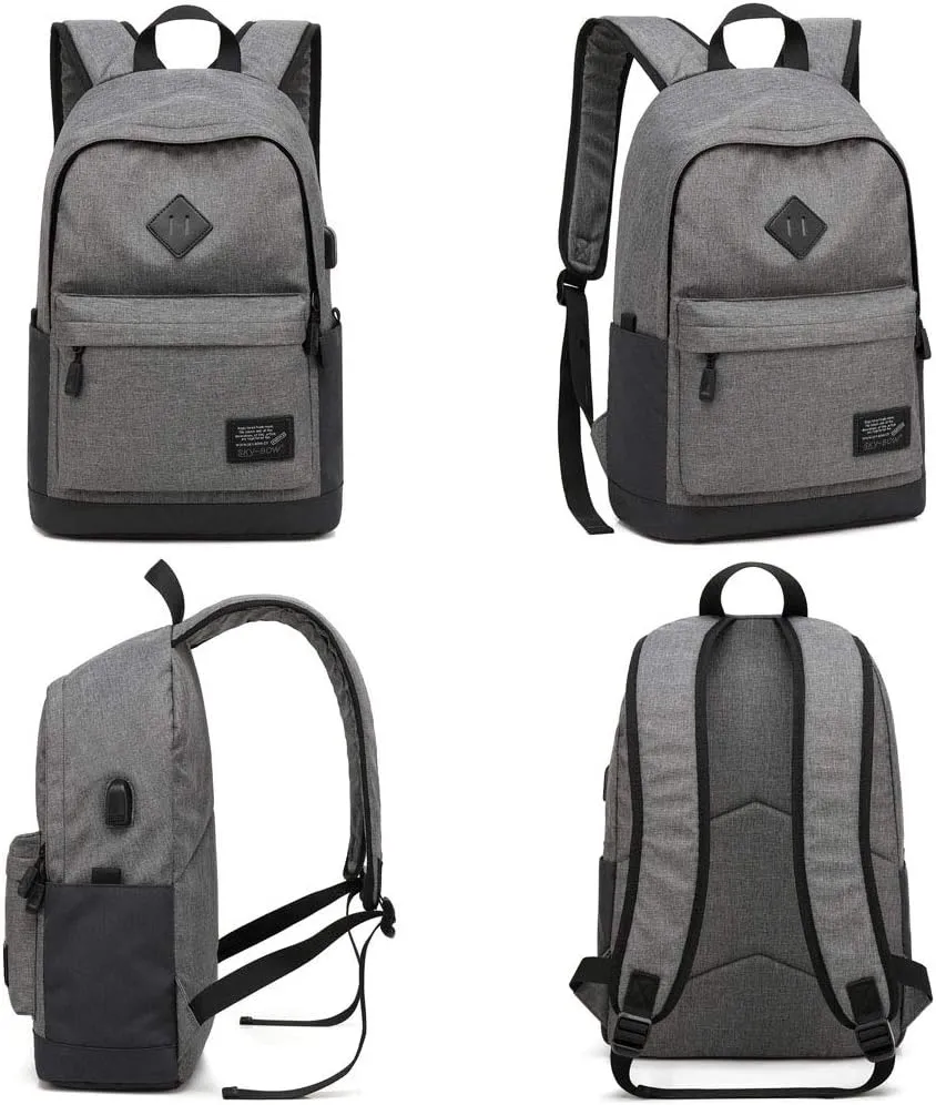 Lightweight Casual Laptop Backpack For Men Women Travel Backpacks with USB Charging Port Fashion Daypack Bookbag (Grey)