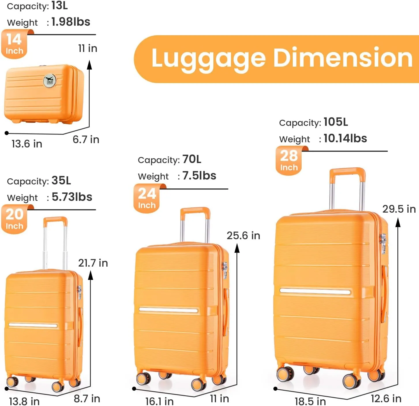 Luggage Sets 4 Piece (14"/20"/24"/28") PP Lightweight & Durable Expandable suitcase