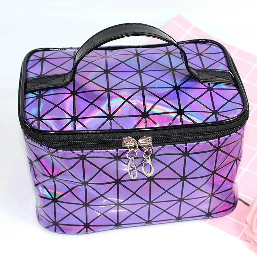 Magik Holographic Portable Travel Cosmetic Makeup Bag PU Handy Toiletry Waterproof (7.56 x 5.12 x 4.84 in, Purple)