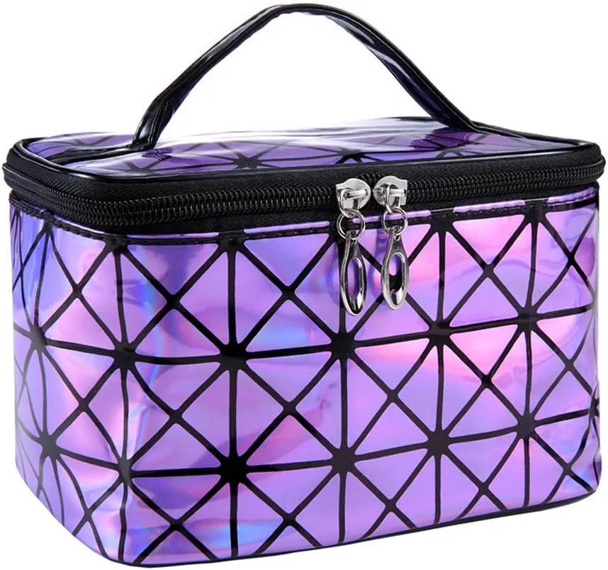 Magik Holographic Portable Travel Cosmetic Makeup Bag PU Handy Toiletry Waterproof (7.56 x 5.12 x 4.84 in, Purple)