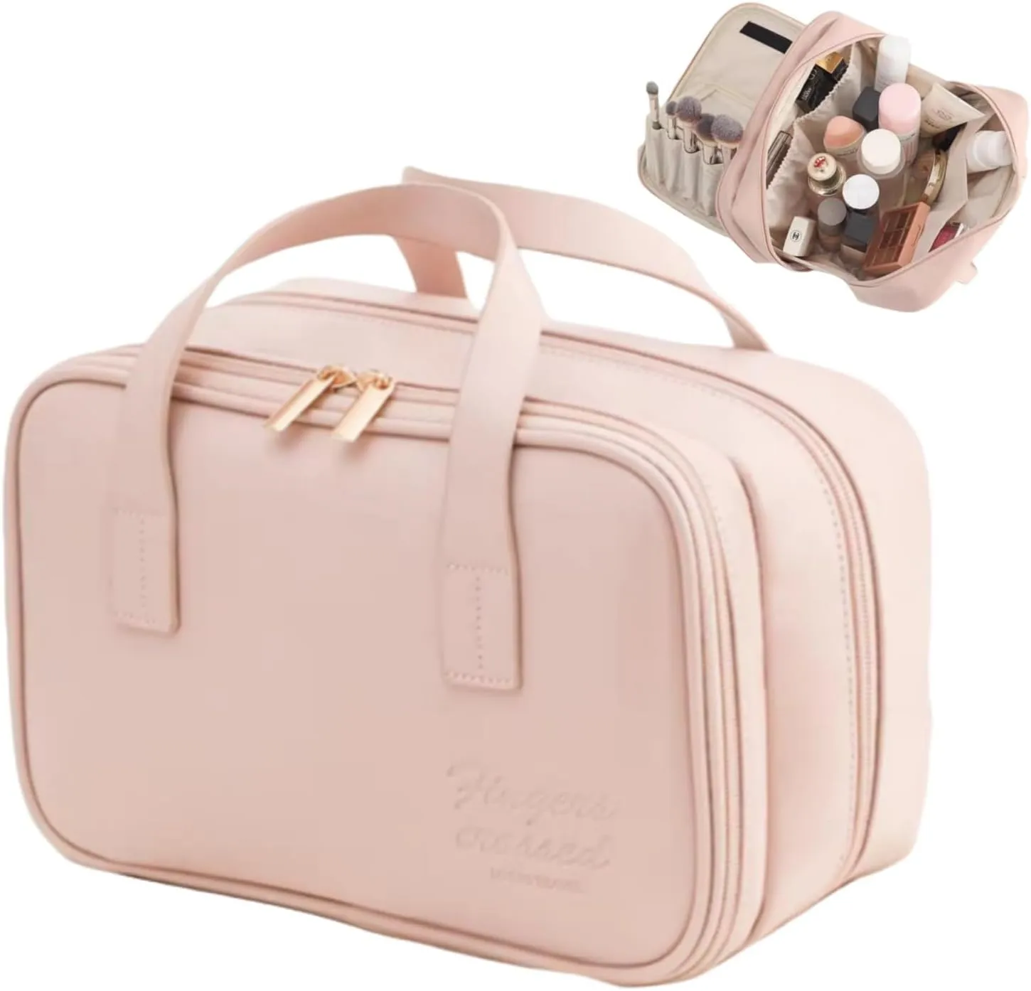Makeup Bag,Travel Makeup Bag,Large Capacity Cosmetic Bags for Women,Waterproof Portable Pouch Open Flat Toiletry Bag Make up Organizer with Divider and Handle,Sping,Summer (Pink)