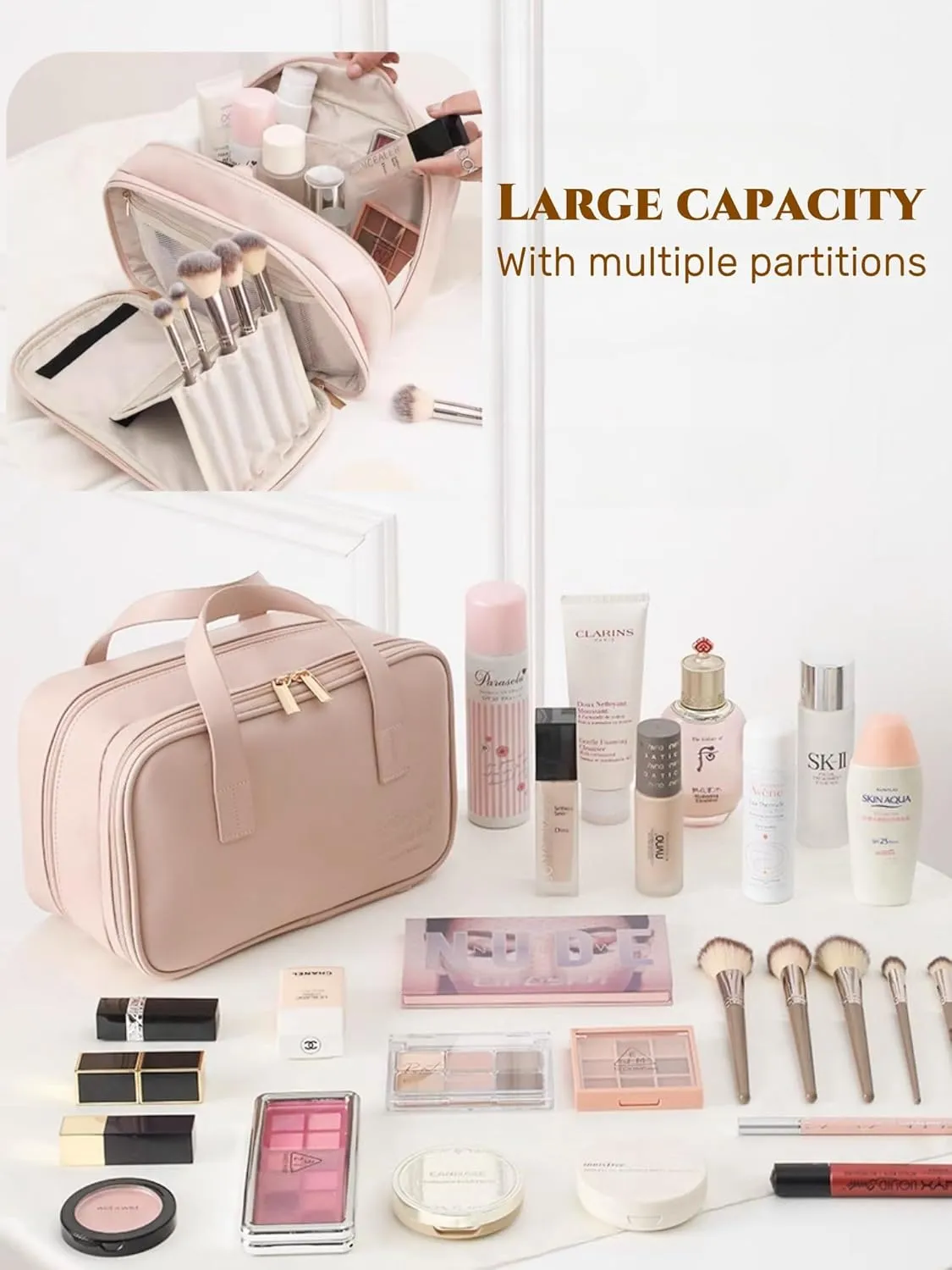 Makeup Bag,Travel Makeup Bag,Large Capacity Cosmetic Bags for Women,Waterproof Portable Pouch Open Flat Toiletry Bag Make up Organizer with Divider and Handle,Sping,Summer (Pink)
