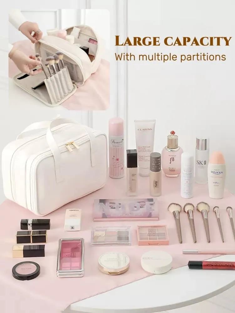 Makeup Bag,Travel Makeup Bag,Large Capacity Cosmetic Bags for Women,Waterproof Portable Pouch Open Flat Toiletry Bag Make up Organizer with Divider and Handle,Sping,Summer (White)