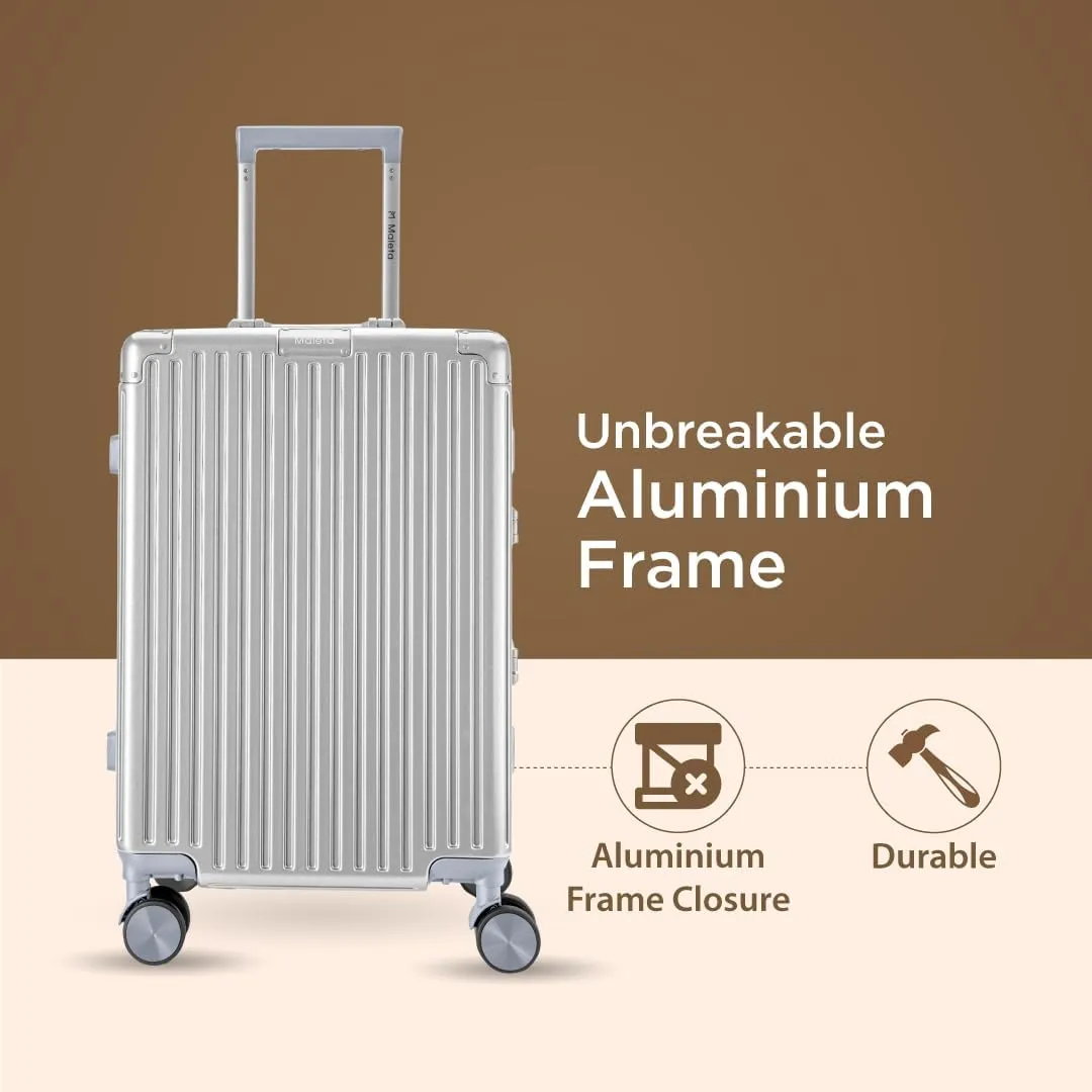 Maleta Crown Series Cabin Trolley Bag Aluminium Frame, 20 inch, 8 Spinner Wheels, Dual TSA Lock Trolley Bags for Travel Suitcase for Travel Bags for Travelling (Silver, Cabin-Small)