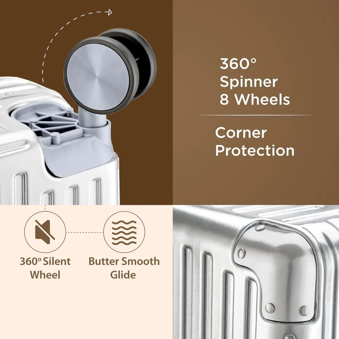 Maleta Crown Series Cabin Trolley Bag Aluminium Frame, 20 inch, 8 Spinner Wheels, Dual TSA Lock Trolley Bags for Travel Suitcase for Travel Bags for Travelling (Silver, Cabin-Small)
