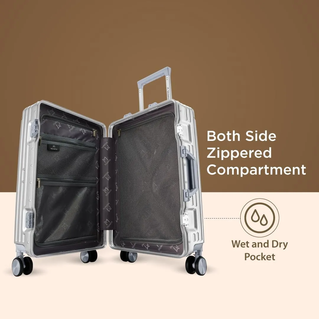 Maleta Crown Series Cabin Trolley Bag Aluminium Frame, 20 inch, 8 Spinner Wheels, Dual TSA Lock Trolley Bags for Travel Suitcase for Travel Bags for Travelling (Silver, Cabin-Small)