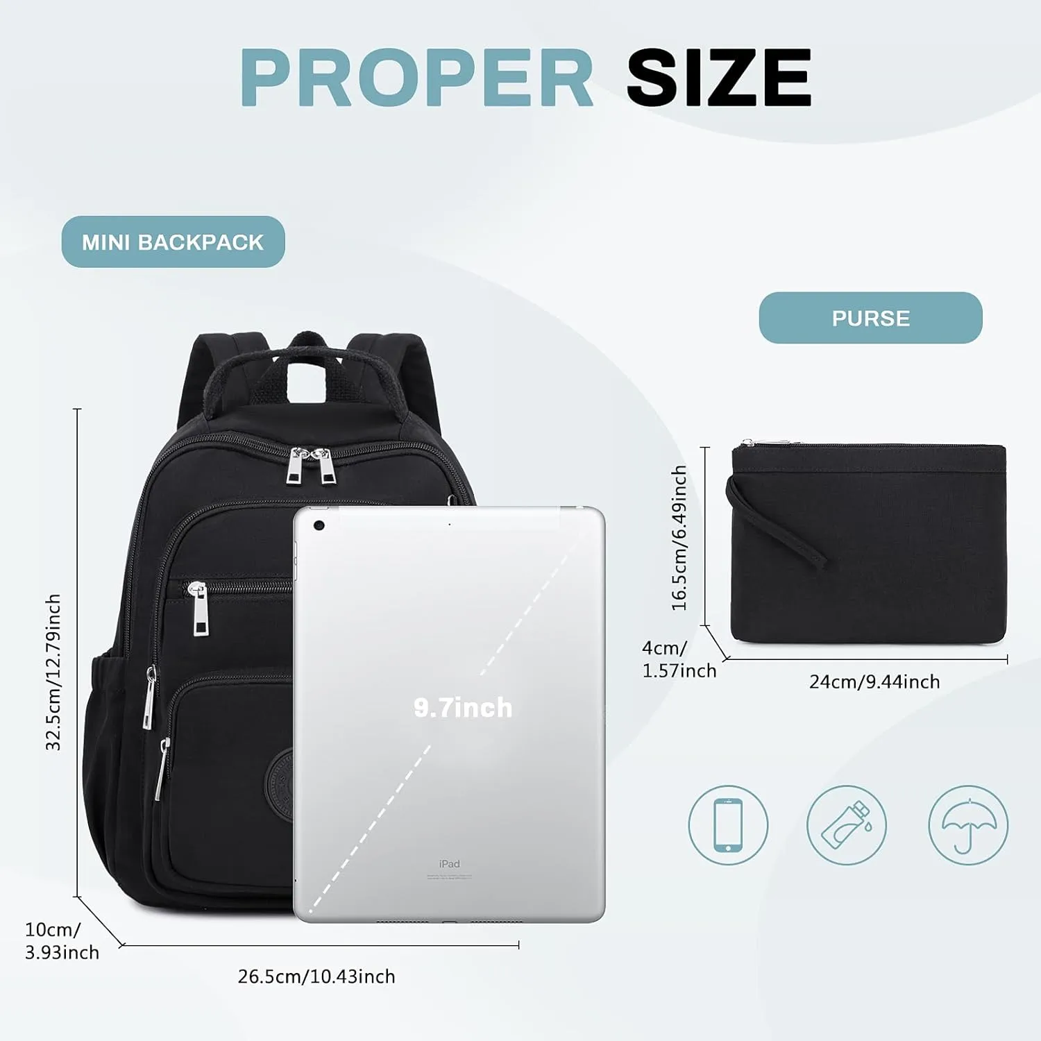 Mini Backpack for Women, 2pcs Small Backpack for Ladies Bookbag Purse for Women with Handy Wallet and Luggage Strap, Black