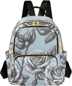 Mini Backpack for Women Black Grey Flower Pattern Small Purse Daypacks Stylish Bags Lightweight Travel Backpacks for College Shopping Work Dating
