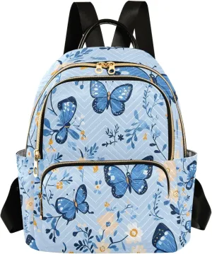 Mini Backpack for Women Blue Butterflys Flowers Pattern Small Purse Daypacks Stylish Bags Lightweight Travel Backpacks for College Shopping Work Dating