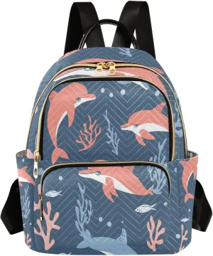 Mini Backpack for Women Blue Dolphins Coral Small Purse Daypacks Stylish Bags Lightweight Travel Backpacks for College Shopping Work Dating