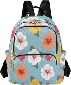 Mini Backpack for Women Blue Hibiscus Flowers Pattern Small Purse Daypacks Stylish Bags Lightweight Travel Backpacks for College Shopping Work Dating