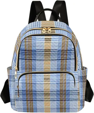 Mini Backpack for Women Blue Tan Plaid Pattern Small Purse Daypacks Stylish Bags Lightweight Travel Backpacks for College Shopping Work Dating