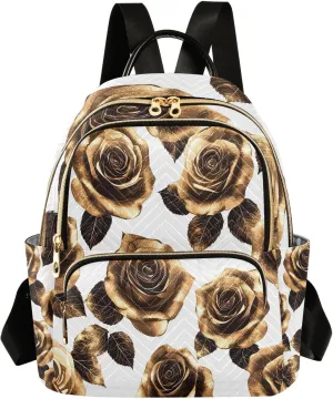 Mini Backpack for Women Brown Gold Leaves Flower Small Purse Daypacks Stylish Bags Lightweight Travel Backpacks for College Shopping Work Dating