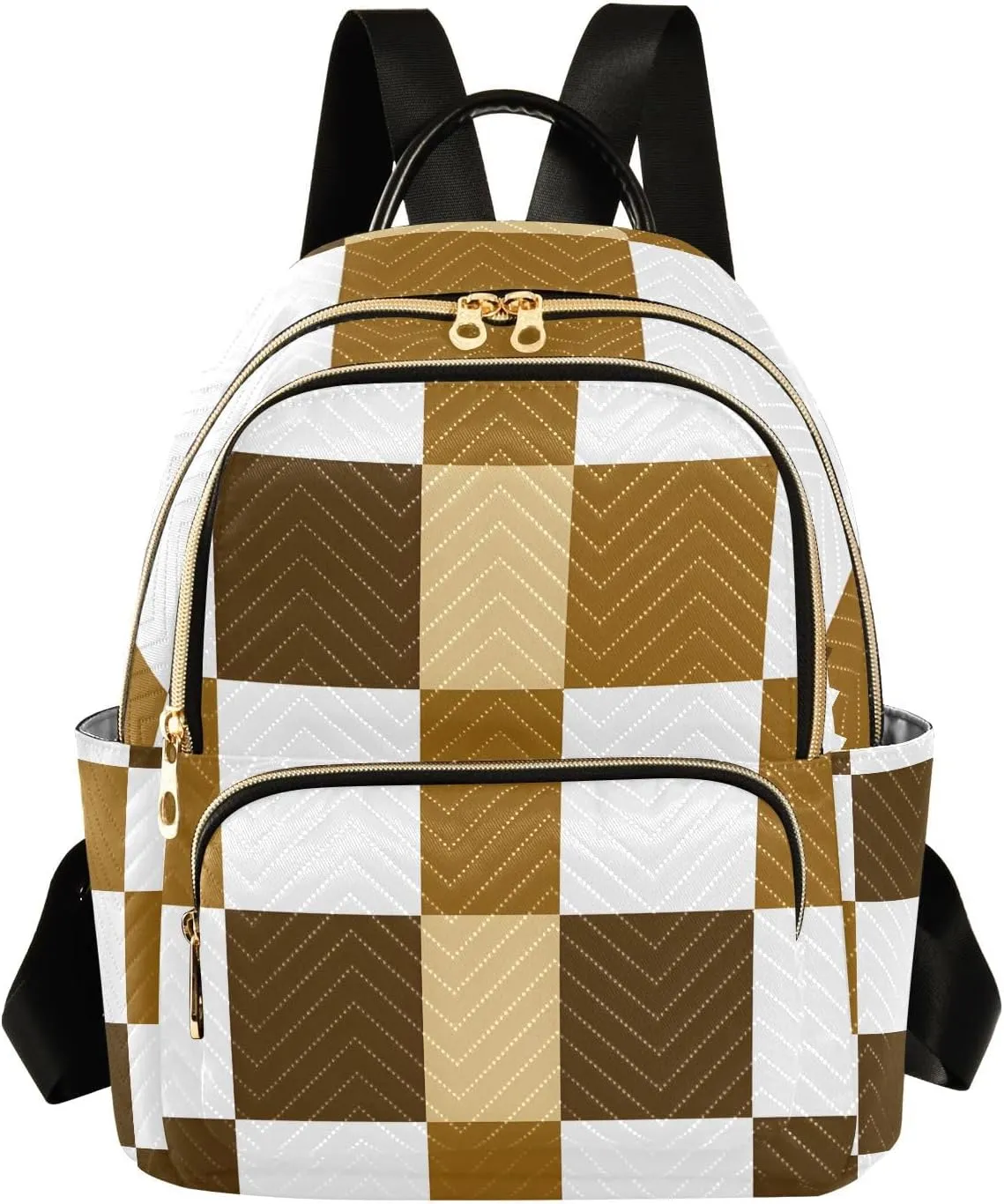 Mini Backpack for Women Brown White Check Pattern Small Purse Daypacks Stylish Bags Lightweight Travel Backpacks for College Shopping Work Dating