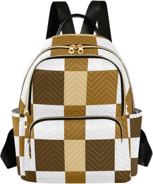 Mini Backpack for Women Brown White Check Pattern Small Purse Daypacks Stylish Bags Lightweight Travel Backpacks for College Shopping Work Dating