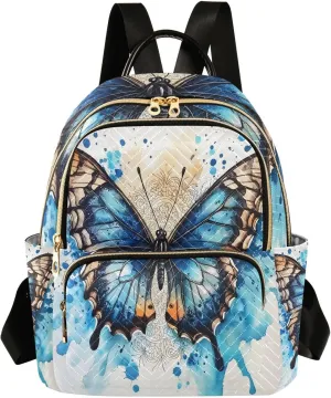 Mini Backpack for Women Butterfly Blue Watercolor Small Purse Daypacks Stylish Bags Lightweight Travel Backpacks for College Shopping Work Dating
