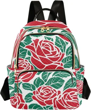 Mini Backpack for Women Flower Rose Green Pattern Small Purse Daypacks Stylish Bags Lightweight Travel Backpacks for College Shopping Work Dating