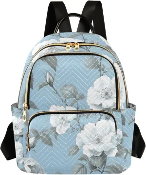 Mini Backpack for Women Flower White Black Grey Leaves Pattern Small Purse Daypacks Stylish Bags Lightweight Travel Backpacks for College Shopping Work Dating