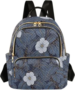 Mini Backpack for Women Flower White Leaves Pattern Small Purse Daypacks Stylish Bags Lightweight Travel Backpacks for College Shopping Work Dating