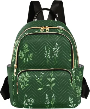 Mini Backpack for Women Herbal Pattern Green Small Purse Daypacks Stylish Bags Lightweight Travel Backpacks for College Shopping Work Dating