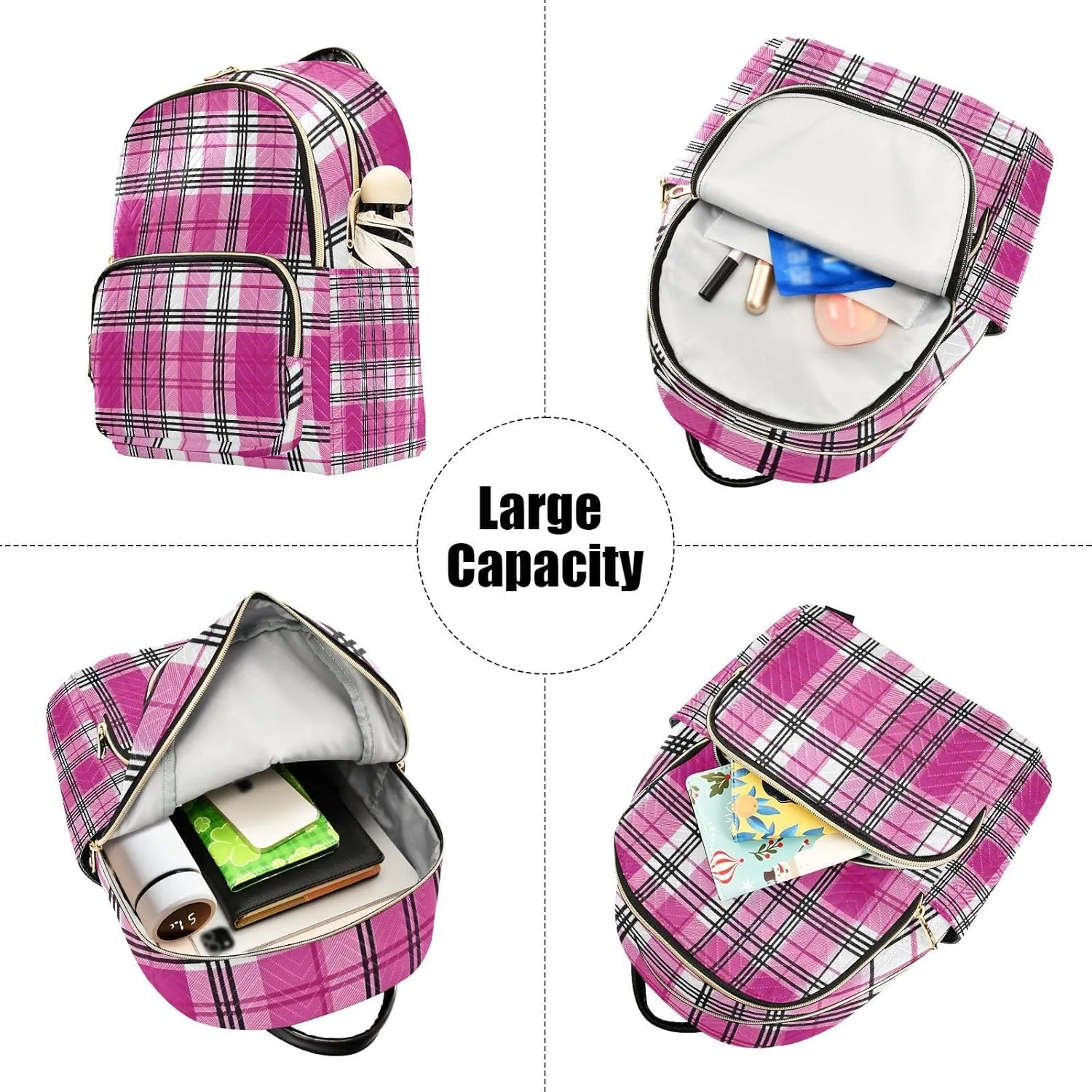 Mini Backpack for Women Pink Plaid Pattern Black Small Purse Daypacks Stylish Bags Travel Backpacks for College