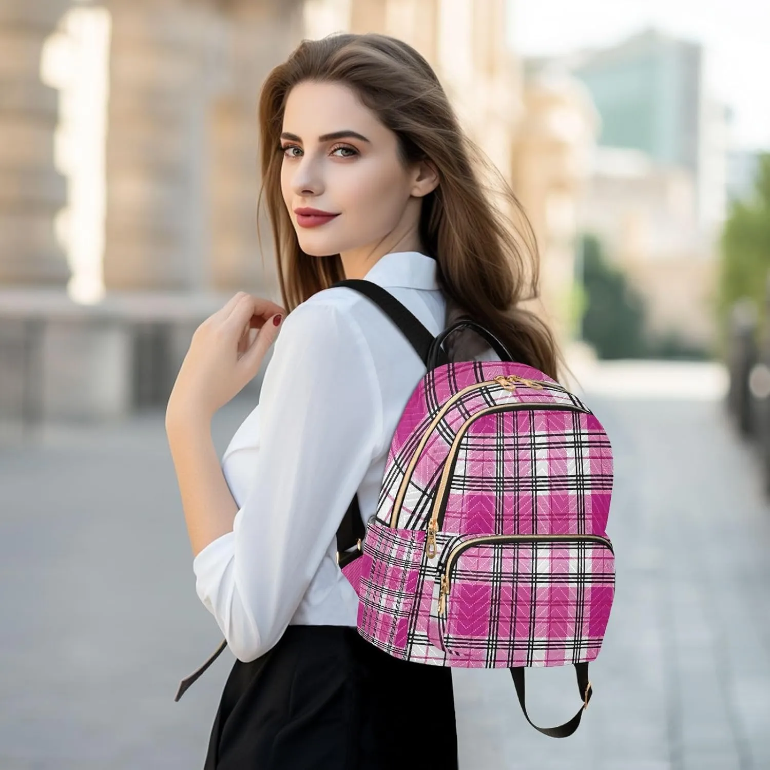 Mini Backpack for Women Pink Plaid Pattern Black Small Purse Daypacks Stylish Bags Travel Backpacks for College