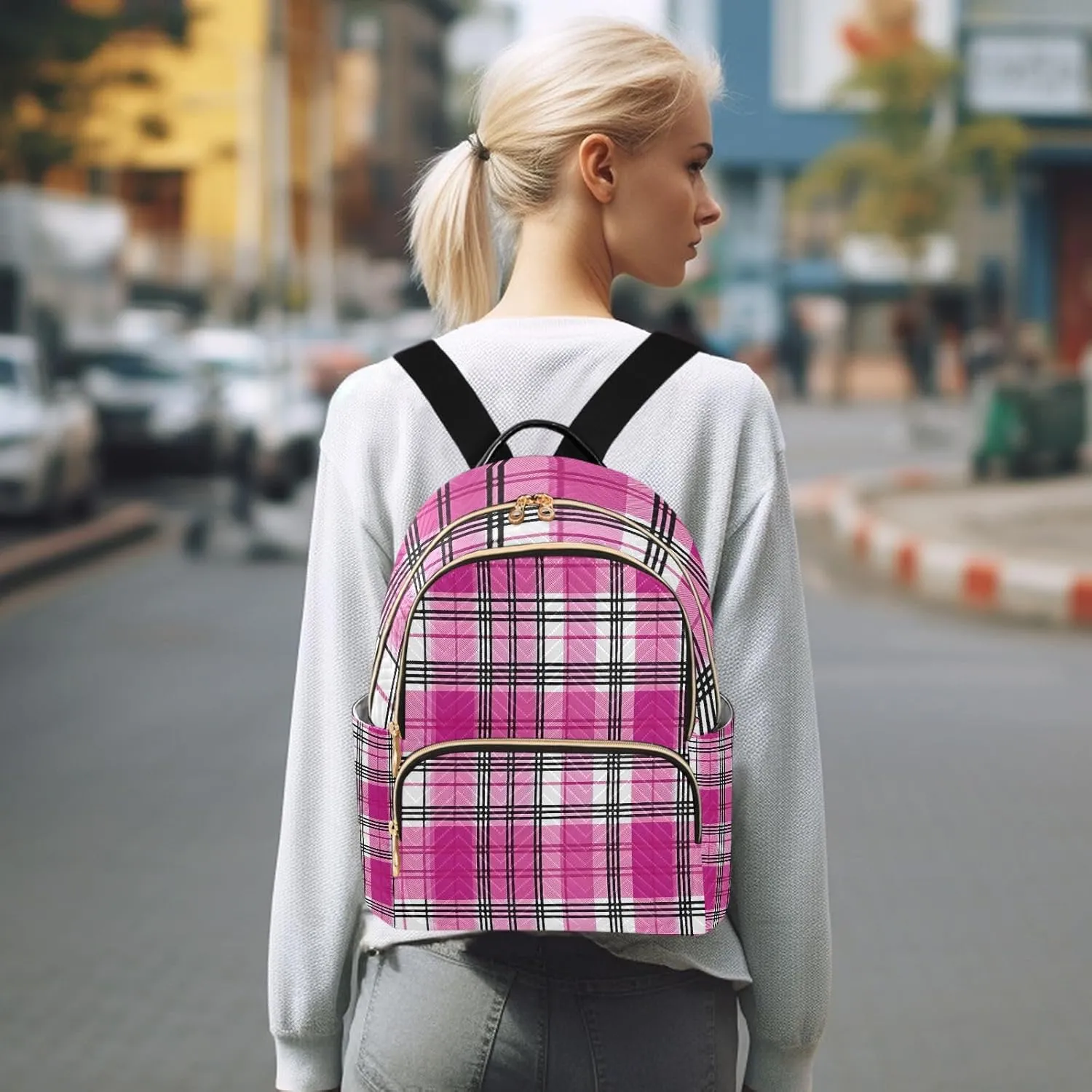 Mini Backpack for Women Pink Plaid Pattern Black Small Purse Daypacks Stylish Bags Travel Backpacks for College