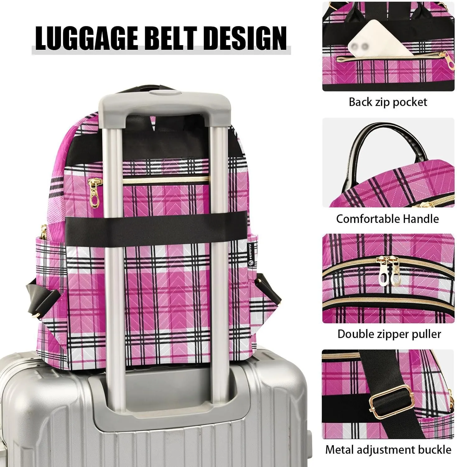 Mini Backpack for Women Pink Plaid Pattern Black Small Purse Daypacks Stylish Bags Travel Backpacks for College