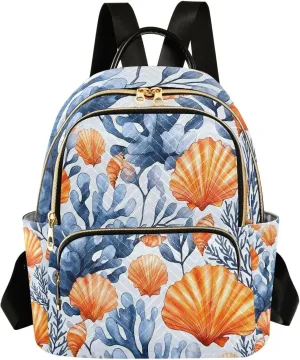Mini Backpack for Women Seashell and Coral Pattern Small Purse Daypacks Stylish Bags Lightweight Travel Backpacks for College Shopping Work Dating