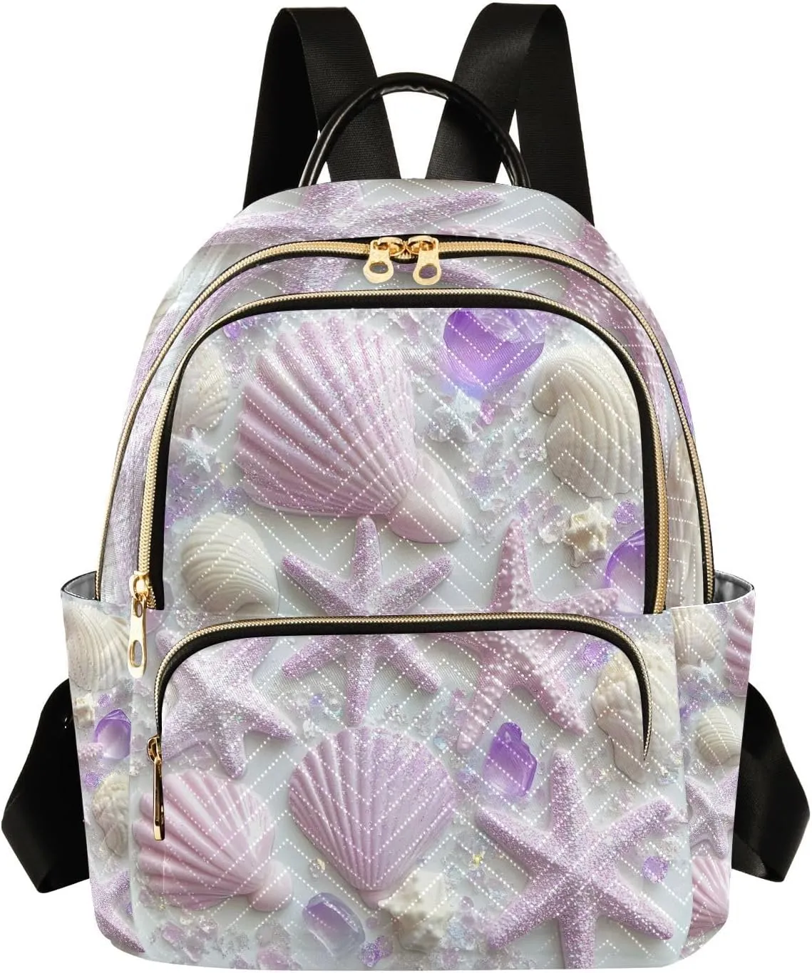 Mini Backpack for Women White Shells Purple Starfish Small Purse Daypacks Stylish Bags Lightweight Travel Backpacks for College Shopping Work Dating