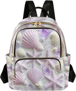 Mini Backpack for Women White Shells Purple Starfish Small Purse Daypacks Stylish Bags Lightweight Travel Backpacks for College Shopping Work Dating