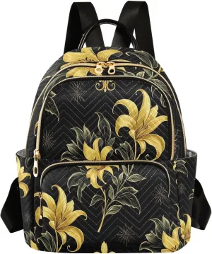 Mini Backpack for Women Yellow Flower Black Pattern Small Purse Daypacks Stylish Bags Lightweight Travel Backpacks for College Shopping Work Dating